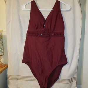 One piece large burgundy bathing suit